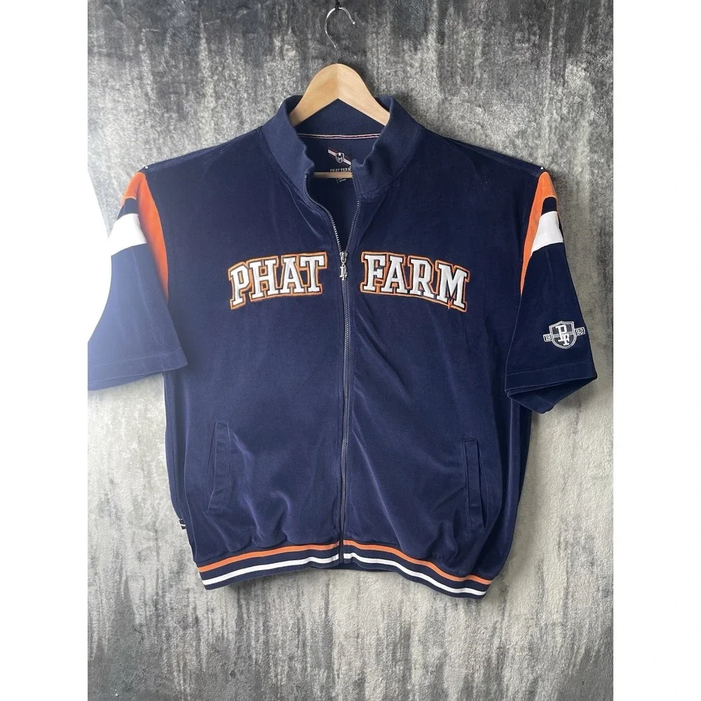 Phat Farm Vintage Mens 3XL Velour Blue Zip Jacket Short Sleeve Y2K Hip Hop 90s